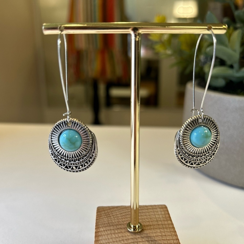 Turquoise and Silver-Tone Dangle Earrings - Picture 3 of 5